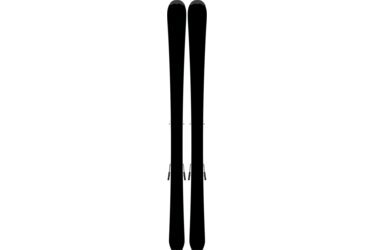 A pair of skis with bindings, on a black background.