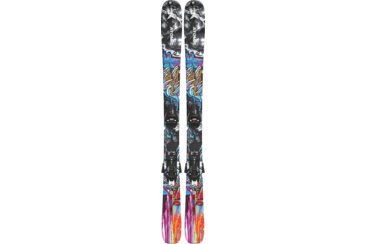 A pair of Atomic Bent skis with colorful graffiti design and bindings.
