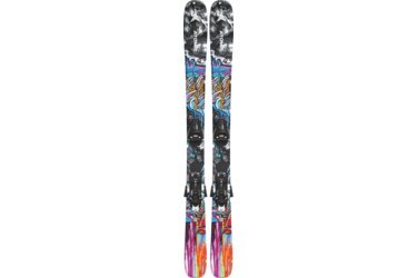 A pair of Atomic Bent skis with colorful graffiti design and bindings.
