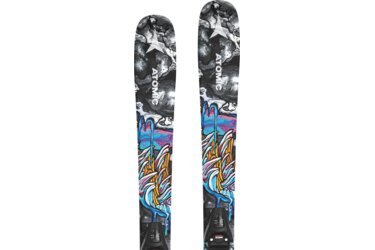 A pair of skis with an abstract color design.