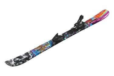 A pair of skis with colorful graphics and bindings on a black background.