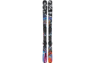Pair of skis with colorful graphics and bindings