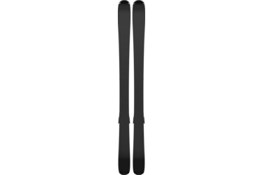 Two black skis against a black background.