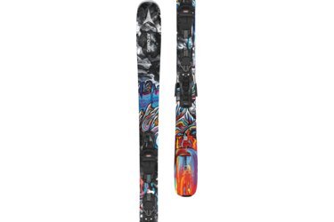 A pair of Atomic Bent 85 skis with colorful graphics and bindings.