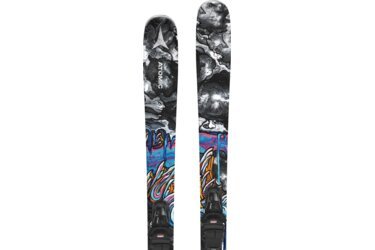 A pair of Atomic skis with colorful graphics.