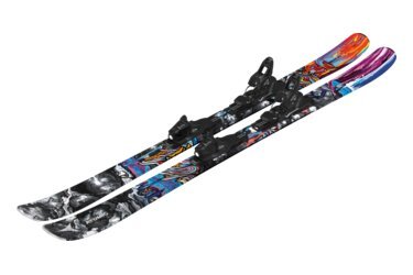 Pair of Atomic skis with bindings on a black background.