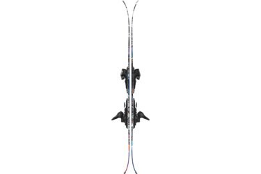 A pair of skis with bindings on a black background.