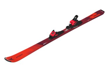 Roter Atomic Redster J2 Ski mit Bindungen.