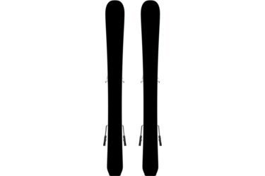 Two skis with bindings on a black background.