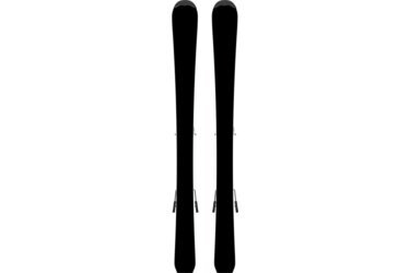 Zwei Skier mit Bindungen auf schwarzem Hintergrund.