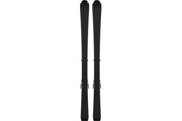 Ein Paar schwarze Skier mit Bindungen.