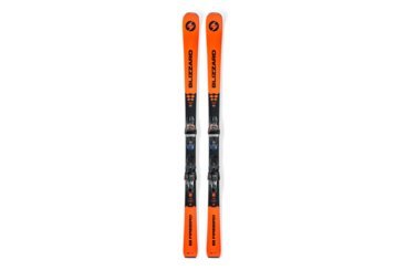 Une paire de skis Blizzard Firebird orange avec fixations.