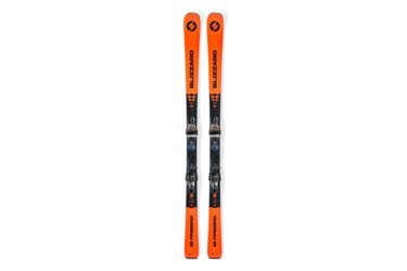 Une paire de skis Blizzard Firebird orange avec fixations.