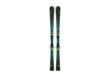 Une paire de skis Elan Primetime 33 verts et noirs avec fixations.