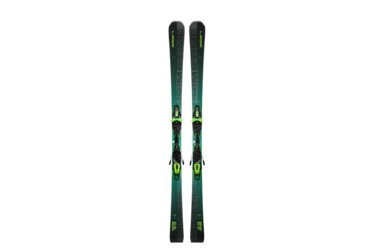 Une paire de skis Elan Primetime 33 verts et noirs avec fixations.