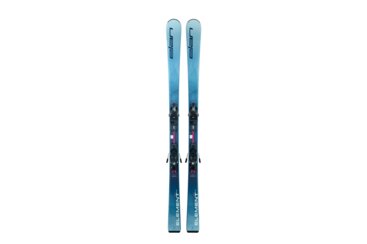 Une paire de skis Elan Element RS 74 bleus avec des fixations.