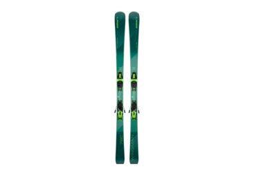A pair of green Elan Wingman 78C skis with bindings.