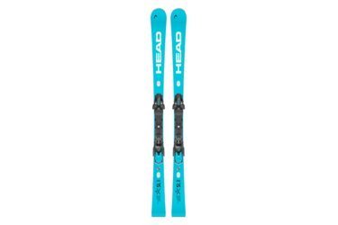 Pair of blue HEAD skis with bindings.