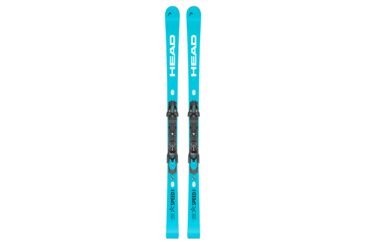 Paire de skis HEAD bleus avec fixations.