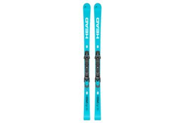 Paire de skis HEAD bleus avec fixations.