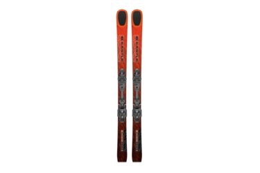 Ein Paar orangefarbene Kästle MX88 Ski mit Bindungen