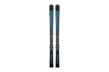 A pair of blue Kästle MX74 skis with bindings.