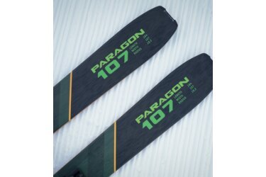 Two pairs of Paragon 107 skis on snow