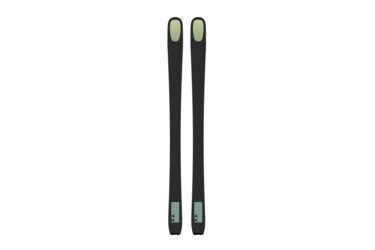 Two black skis with green accents