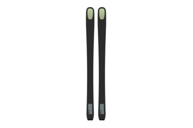 Two black skis with olive green tips