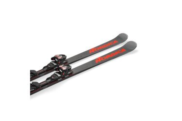 A pair of grey Nordica skis with red bindings on a black background.