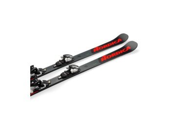 Ein Paar graue Nordica Combi Ski mit Marker Bindungen auf schwarzem Hintergrund.