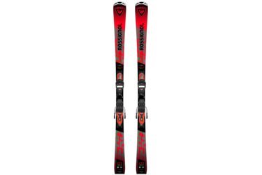 A pair of red and gray Rossignol Hero LTD skis with bindings.