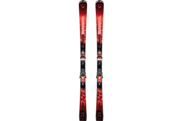 A pair of red Rossignol E15 skis with bindings.