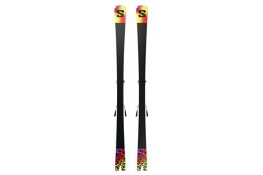 Pair of black skis with colorful ends