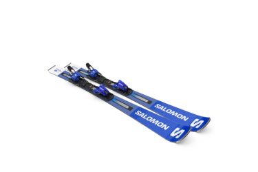 A pair of blue Salomon skis with bindings