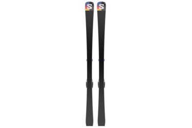 A pair of black skis with an "S" logo on a white background.