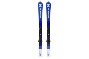 Paire de skis bleus Salomon S/Race JR avec fixations.