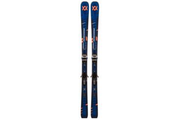 Une paire de skis Völkl Peregrine 82 bleus et oranges.