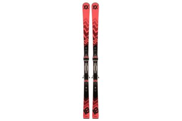 Une paire de skis Völkl RaceTiger GS rouges et noirs avec fixations.