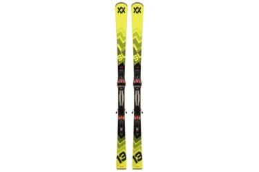 Paire de skis Völkl Racetiger SL jaunes avec fixations.