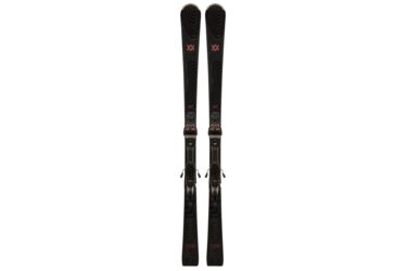 A pair of black Völkl Flair SC Carbon skis with bindings