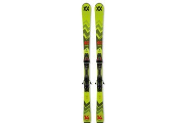 A pair of yellow Völkl SC Limited Racetiger skis with bindings.