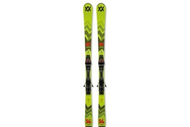 A pair of yellow Völkl SC Limited Racetiger skis with bindings.