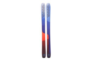 Two K2 skis with a blue to red gradient.