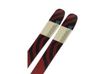 A pair of K2 skis with a red and black striped design.
