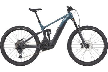 A blue and gray full-suspension e-mountain bike.