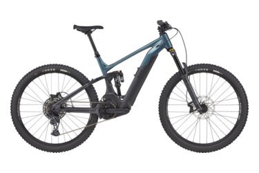 A blue and gray full-suspension e-mountain bike.