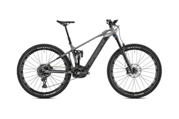 Mondraker e-mountain bike, gray full suspension model.