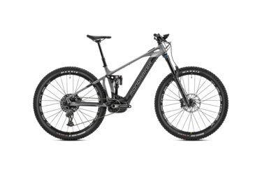 Mondraker e-mountain bike, gray full suspension model.