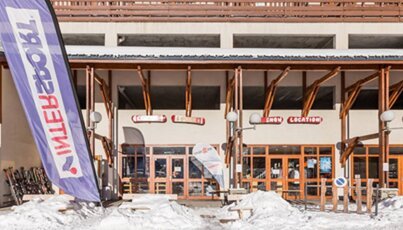 InterSport ski rental building in winter